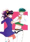  1boy 1girl blue_hair dancing earrings genderswap green_eyes headband higashikata_jousuke jewelry jojo_no_kimyou_na_bouken kishibe_rohan midriff pompadour ponytail purple_hair skirt violet_eyes vldksltlah88 