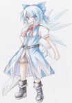  1girl blue_eyes blue_hair bow cirno grin hair_bow hand_on_hip highres looking_at_viewer mitukihiro short_hair smile solo sword touhou traditional_media weapon wings 