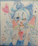  1girl blue_eyes blue_hair bow cirno heart ice ice_wings kaenuco open_mouth popsicle short_hair smile touhou wings wink 