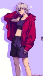  2girls abs ahoge alternate_costume blush boxing_shorts commentary dana_zane english_commentary heart highres hood hooded_jacket jacket jill_stingray looking_at_viewer mechanical_arms multiple_girls purple_background purple_hair red_eyes shadow shorts single_mechanical_arm sports_bra va-11_hall-a violet_eyes white_background white_hair wmmzkl yuri 