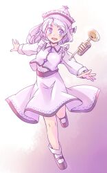  1girl :d black_shoes blue_eyes blue_hair blush buttons commentary_request floating_instrument frilled_hat frilled_vest_collar frills full_body gradient_background hat instrument knees long_sleeves mary_janes medium_hair merlin_prismriver one-hour_drawing_challenge open_mouth outstretched_arms outstretched_hand pink_background pink_hat pink_skirt pink_vest rangycrow shirt shoes skirt smile socks solo sun_hat_ornament touhou trumpet vest white_shirt white_socks 