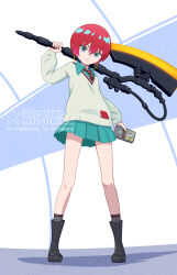  1girl 32zzz amate_yuzuriha aqua_eyes aqua_shirt aqua_skirt artist_logo artist_name axe battle_axe collared_shirt diagonal-striped_clothes diagonal-striped_necktie english_text full_body gundam gundam_gquuuuuux heat_hawk highres holding holding_axe logo miniskirt necktie over_shoulder pleated_skirt red_hair red_necktie revision shirt short_hair skirt solo star_(symbol) striped_clothes striped_necktie sweater tem_ray's_circuit watermark weapon weapon_over_shoulder white_sweater 