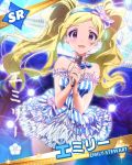  1girl blonde_hair character_name dress earrings emily_stuart hairband idolmaster idolmaster_million_live! jewelry long_hair looking_at_viewer microphone necklace official_art signature skirt smile stage twintails violet_eyes 