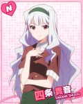  1girl character_name hairband hand_on_own_chest idolmaster idolmaster_million_live! long_hair official_art pink_eyes shijou_takane silver_hair smile solo 