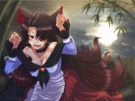  1girl animal_ears arms_up bamboo bare_shoulders blush breasts brooch brown_hair cleavage dress fangs fingernails full_moon hair_over_one_eye highres imaizumi_kagerou jewelry kezune_(i-_-i) large_breasts long_hair long_sleeves moon open_mouth red_eyes reflection smile solo tail touhou very_long_hair water wolf_ears wolf_tail 