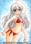  1girl :d ahoge artist_name bare_shoulders bikini blush breasts green_eyes haiyore!_nyaruko-san huge_ahoge long_hair navel nightmare77zx nyarlathotep_(nyaruko-san) open_mouth side-tie_bikini silver_hair smile solo swimsuit traditional_media 