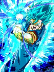  1boy aura blue_eyes blue_hair blue_pants blue_sash blue_shirt commentary_request dougi dragon_ball dragon_ball_super earrings energy_ball gloves highres jewelry kamehameha_(dragon_ball) male_focus open_mouth orange_shirt pants potara_earrings powering_up sash shirt solo super_saiyan super_saiyan_blue vegetto white_gloves yamuchasiyagatte 