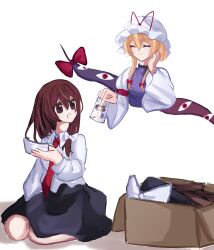  2girls absurdres asymmetrical_hair bad_anatomy black_capelet black_hat black_skirt blonde_hair bow box brown_eyes brown_hair capelet cardboard_box closed_eyes closed_mouth collared_shirt contrast_collar dress gap_(touhou) hair_between_eyes hair_bow hair_bun hand_on_own_cheek hand_on_own_face hand_rest hat hat_bow hat_ribbon high_collar highres holding holding_photo long_hair long_sleeves looking_at_another maribel_hearn medium_hair mob_cap multiple_girls necktie open_mouth photo_(object) purple_shirt purple_tabard red_bow red_necktie red_ribbon ribbon shirt shirt_partially_tucked_in simple_background sitting skirt sleeve_cuffs sleeve_garter smile spica0831mint tabard tears touhou unfinished unworn_headwear usami_renko white_background white_bow white_dress white_hat white_shirt wide_sleeves yakumo_yukari 