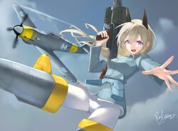  1girl aircraft animal_ears blue_jacket blue_sky breasts clouds cloudy_sky eila_ilmatar_juutilainen flying fox_ears fox_girl grey_hair gun highres holding holding_gun holding_weapon jacket long_hair looking_at_viewer machine_gun medium_breasts mg42 military_vehicle open_mouth pantyhose rekamu sky strike_witches striker_unit twitter_username vehicle_request violet_eyes weapon white_pantyhose world_witches_series 