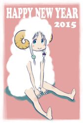  1girl 2015 animal_costume animal_ears ano_hi_mita_hana_no_namae_wo_bokutachi_wa_mada_shiranai. aqua_eyes barefoot between_legs blue_flower blush_stickers border c: chinese_zodiac closed_mouth colored_shadow dated deformed eating english_text fading_border flat_color flower full_body hair_flower hair_ornament hand_between_legs happy happy_new_year heart honma_meiko horns long_hair looking_at_viewer pink_background shadow sheep_costume sheep_ears sheep_horns sitting smile solo tanaka_masayoshi v_arms white_border year_of_the_goat 