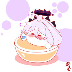  :d afterimage ahoge ahoge_wag blue_archive blush bottle chibi closed_eyes colored_shadow commentary_request expressive_hair facing_viewer fang grey_hair hair_between_eyes halo highres hina_(blue_archive) holding holding_bottle horns in_bowl in_container kurukurumagical milk_bottle partially_submerged shadow simple_background single_hair_intake smile solo translation_request white_background 