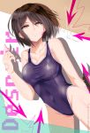  1girl black_hair blood breasts cleavage dangan_ronpa hews_hack highres ikusaba_mukuro one-piece_swimsuit school_swimsuit short_hair smile solo swimsuit tattoo 