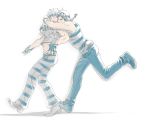  2boys aviator_cap blue_hair caesar_anthonio_zeppeli headband hug hug_from_behind iwasico jojo_no_kimyou_na_bouken joseph_joestar_(young) midriff multiple_boys scarf shirt striped striped_pants striped_shirt vest white_hair 