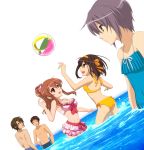  3girls asahina_mikuru ball beachball bikini bikini_skirt casual_one-piece_swimsuit feet_in_water female_swimwear highres koizumi_itsuki kyon male_swimwear multiple_girls nagato_yuki one-piece_swimsuit partially_submerged soaking_feet suama_(7070sv) suzumiya_haruhi suzumiya_haruhi_no_yuuutsu swim_trunks swimsuit water 