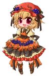  1girl aki_minoriko apron armband blonde_hair bodice boots chibi chino_(ch_no) food food_themed_clothes fruit grapes hat hat_ribbon juliet_sleeves layered_dress long_sleeves mob_cap open_mouth puffy_sleeves ribbon short_hair simple_background skirt_hold solo touhou white_background 