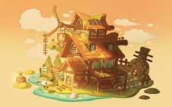  1girl apokarihardcore carrot carrot_on_stick commentary_request door furnace grey_hair holding holding_stick house ladder long_hair mushroom original scenery solo stick treasure_chest water windmill window 