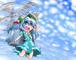  1girl backpack bag blue_eyes blue_hair blush boots cloudy_sky flying hair_bobbles hair_ornament hat helicopter kawashiro_nitori key long_hair open_mouth shinapuu skirt solo touhou twintails 