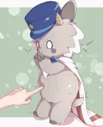  blue_hat body_fur border brown_horns cape chrocatz claws commentary_request dot_nose fat green_background grey_fur hat heart highres horns japan_railways nagamo_(nagano_station) out_of_frame outside_border parted_lips poking_belly short_tail solo_focus standing tail white_border 