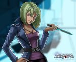  1girl artist_name belt bill_stiernberg blonde_hair copyright_name cosmic_star_heroine hand_on_hip highres knife lauren_gambino lips looking_at_viewer official_art parted_lips popped_collar solo violet_eyes watermark web_address 