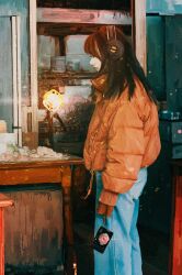  1girl absurdres aqua_pants black_hair camera closed_mouth coat commentary_request denim feet_out_of_frame from_side headphones highres indoors jeans long_hair long_sleeves orange_coat original pants photorealistic profile realistic scenery shang_zhou sleeves_past_fingers sleeves_past_wrists solo standing straight_hair table winter_clothes winter_coat 