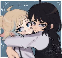  2girls ahoge artist_name black_eyes black_hair black_vest blonde_hair blue_eyes braid closed_mouth enid_sinclair freckles from_side frown grey_background grey_shirt heart highres hug lipstick_mark long_hair medium_hair multiple_girls shirt the_addams_family upper_body vest watermark wednesday_(netflix) wednesday_addams yokonette yuri 