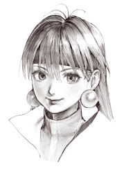  1girl conto earrings eyelashes greyscale headband jewelry lina_inverse long_hair looking_at_viewer monochrome portrait realistic slayers smile solo sphere_earrings 