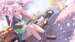  1girl absurdres black_jacket blue_sky boots brown_boots cherry_blossoms chinese_commentary commentary dappled_sunlight day dutch_angle eyelashes eyes_visible_through_hair falling_petals floating_hair full_body grey_skirt guitar hair_between_eyes harumi_ena highres holding holding_guitar holding_instrument holding_plectrum instrument jacket knees_together_feet_apart lace-up_boots limelight_lemonade_jam long_hair looking_down miniskirt music on_bench open_clothes open_jacket open_mouth outdoors penguin_print perspective petals pink_hair playing_guitar playing_instrument pleated_skirt plectrum print_shirt red_eyes road school_uniform shirt sitting skirt sky smile solo spring_(season) straight_hair sunlight tree user_kwut4882 vending_machine very_long_hair white_shirt 