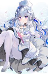  1girl amane_kanata angel_wings_(illusion) artist_name blue_eyes blush dress foot_out_of_frame hat highres hinakisara hololive long_hair looking_at_viewer nurse_cap pantyhose pill smile solo twintails twitter_username very_long_hair white_background white_dress white_hair white_pantyhose 