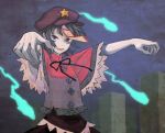 1girl beret blue_eyes blue_hair cloudy_sky fangs ghost graveyard hat jean_(artist) jiangshi looking_at_viewer miyako_yoshika night ofuda open_mouth outstretched_arms shirt short_hair short_sleeves skirt solo touhou wide_sleeves zombie_pose 