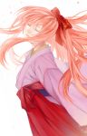  1girl agisuke bow closed_eyes hair_bow japanese_clothes kimono long_hair original payot pink_hair ponytail solo 