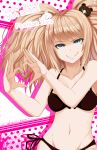  1girl black_bra black_panties blue_eyes bra breasts cleavage dangan_ronpa enoshima_junko hair_ornament heart heart_hands hews_hack highres long_hair panties pink_hair side-tie_panties smile solo spoilers twintails underwear 