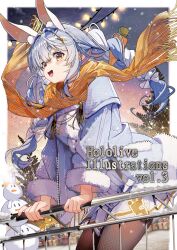  1girl :d alternate_costume animal_ear_fluff animal_ears black_pantyhose blue_hair blue_jacket braid carrot_hair_ornament comiket_107 commentary_request extra_ears fishnet_pantyhose fishnets food-themed_hair_ornament fur-trimmed_jacket fur_trim hair_ornament hairclip haruhina_purple highres hikimayu hololive jacket long_hair miniskirt multicolored_hair nail_polish orange_eyes outdoors pantyhose parallel_hairclips pekomon_(usada_pekora) pleated_skirt rabbit-shaped_pupils rabbit_ears rabbit_girl red_nails scarf short_eyebrows sidelocks skirt smile snowing solo symbol-shaped_pupils thick_eyebrows tree twin_braids two-tone_hair usada_pekora virtual_youtuber white_hair white_skirt yellow_scarf 