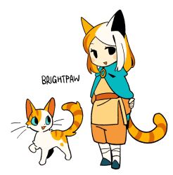  1girl animal_ears aqua_cape blue_eyes blush_stickers brightheart brooch cape cat cat_ears cat_girl cat_tail character_name child chinese_commentary commentary_request creature_and_personification deformed dual_persona flat_color full_body jewelry long_hair looking_at_viewer multicolored_hair open_mouth orange_hair orange_shorts orange_tunic personification rehtaef shorts simple_background solo_focus standing tabby_cat tail the_prophecies_begin tunic two-tone_hair warrior_cats whiskers white_background white_hair 