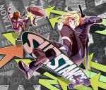  2boys blonde_hair bodysuit brown_hair headband katana knee_pads kurosu metal_gear metal_gear_solid metal_gear_solid_2 mullet multiple_boys over_shoulder raiden scabbard sheath skateboard skateboarding sneaking_suit solid_snake sword weapon weapon_over_shoulder 