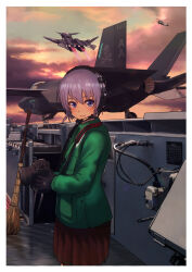  1girl afterburner aircraft aircraft_carrier airplane black_gloves blue_eyes border broom camera clouds cloudy_sky commentary_request f-35_lightning_ii ffr-41mr fictional_aircraft fighter_jet flying gloves green_jacket headset highres holding holding_camera jacket jolly_roger looking_at_viewer military military_vehicle orange_sky original outdoors purple_hair purple_skirt purple_sky sentou_yousei_yukikaze ship skirt sky solo sunset takeoff timmyyen united_states_air_force vehicle_request warship watercraft white_border 