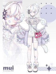  absurdres animal_ears bandaid bandaid_on_leg blood blood_bag blue_eyes bow cat_ears cat_tail colored_eyelashes commentary_request crossed_bandaids fur-trimmed_jacket fur_trim grey_background grey_bow hair_between_eyes hair_ornament highres indie_virtual_youtuber jacket long_sleeves miyoshino mui_(vtuber) multicolored_hair multiple_views off_shoulder official_art open_clothes open_jacket puffy_long_sleeves puffy_sleeves purple_hair purple_jacket romper shoes sleeves_past_fingers sleeves_past_wrists standing streaked_hair tail twitter_username virtual_youtuber watermark white_hair white_romper white_shoes x_hair_ornament 