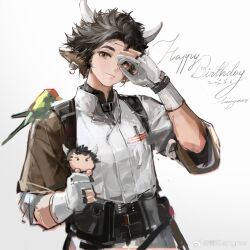  1boy animal_ears animal_on_shoulder arknights belt belt_pouch bird bird_on_shoulder black_belt brown_eyes brown_hair character_doll chinese_commentary commentary_request cow_boy cow_ears cow_horns doll earrings gloves hand_up happy_birthday head_tilt highres holding holding_doll horns jewelry langmer looking_at_viewer male_focus pouch shirt short_hair solo spiky_hair unfinished wan_qing_(arknights) watermark weibo_watermark white_gloves white_shirt 