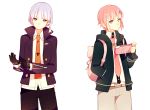  2boys backpack bag belt black_gloves braid dangan_ronpa genderswap gloves hair_ornament hairclip hand_in_pocket hoodie jacket kei-chan_(atlas_kei) kirigiri_kyouko multiple_boys nanami_chiaki necktie pink_eyes pink_hair playstation_portable purple_hair side_braid super_dangan_ronpa_2 violet_eyes 