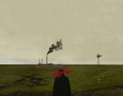  1boy absurdres building commentary_request day english_commentary facing_away factory from_behind grass highres horizon landscape original outdoors overcast scenery sky smokestack solo uoor_(pixiv_22531933) wide_shot windmill windpump 