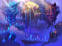  apokarihardcore commentary_request crystal fantasy floating_island lava no_humans original scenery stairs water waterfall 