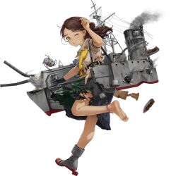  1girl artist_request barefoot bell black_gloves black_skirt brown_eyes brown_hair brown_shirt burnt_clothes cannon damaged dark-skinned_female dark_skin from_behind full_body gloves kantai_collection leaning_forward long_hair looking_at_viewer machinery mast military_uniform one_eye_closed open-toe_shoes rudder_footwear running sash shirt shoes short_sleeves single_shoe skirt smoke solo thonburi_(kancolle) transparent_background wince 