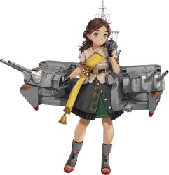 1girl artist_request bad_link bell black_gloves black_skirt brown_eyes brown_hair brown_shirt cannon contrapposto dark-skinned_female dark_skin full_body gloves kantai_collection leaning_forward long_hair looking_at_viewer machinery mast military_uniform open-toe_shoes parted_lips rudder_footwear sash shirt short_sleeves skirt smile solo thonburi_(kancolle) transparent_background 