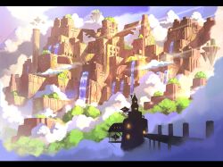  apokarihardcore blue_sky clouds commentary_request day fantasy floating_island fog no_humans original outdoors scenery sky tree water waterfall 