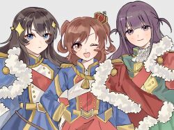  3girls ;d aayako1455280 aijou_karen arm_at_side ascot belt belt_buckle black_hair blue_eyes blue_jacket blue_skirt blunt_bangs blush brown_eyes brown_hair buckle closed_mouth commentary cowboy_shot crown fur-trimmed_jacket fur_trim green_skirt grey_background hand_on_own_hip highres jacket jacket_on_shoulders kagura_hikari long_hair long_sleeves looking_at_viewer mini_crown multicolored_jacket multiple_girls one_eye_closed open_mouth purple_hair red_jacket red_sash red_skirt sash short_hair shoujo_kageki_revue_starlight shoulder_sash side-by-side sidelocks simple_background skirt smile sparkle_hair_ornament standing symbol-only_commentary tassel tilted_headwear tsuyuzaki_mahiru two-tone_jacket two_side_up v-shaped_eyebrows violet_eyes white_ascot white_jacket white_sash yellow_belt 