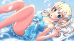  1girl babydoll blonde_hair blue_background blue_eyes blush bow bra bubble collarbone commentary highres legs_up looking_at_viewer lying midriff neats off_shoulder on_back open_mouth original pillow polka_dot scrunchie shirt short_sleeves solo twintails underwear white_bra 