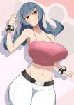  1girl bare_shoulders belt black_hair bracelet breasts huge_breasts jewelry looking_at_viewer natsume_(pokemon) navel pokemon solo toudori 