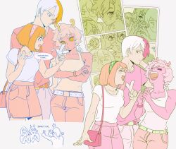  1boy 2girls antennae ashido_mina bag bare_shoulders belt blue_belt boku_no_hero_academia breasts brown_hair closed_eyes colored_sclera colored_skin cow crossed_arms english_text green_belt green_eyes green_hair hair_between_eyes hairband highres holding holding_photo laughing medium_breasts melonbite multicolored_hair multiple_girls multiple_views open_mouth orange_sclera pants photo_(object) photo_booth pink_hair pink_hairband pink_skin pink_skirt red_hair red_pants red_skirt selfie shirt short_hair short_sleeves shoulder_bag skirt sleeveless sleeveless_shirt smile todoroki_shoto two-tone_hair uraraka_ochaco white_hair white_shirt yellow_shirt 