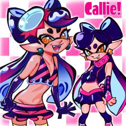  @_@ blue_hair bow callie_(splatoon) character_name earrings gloves grid_background hair_bow hat highres inkling invadrcat jewelry miniskirt mole mole_under_eye multicolored_hair no_navel pink_hair pink_theme pointy_ears scarf sharp_teeth skirt splatoon_(series) splatoon_1 squid teeth twintails two-tone_hair white_hat yellow_eyes 