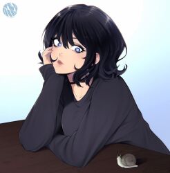  1girl animal black_choker black_hair black_shirt blue_eyes breasts choker choppy_bangs closed_mouth commentary elbow_rest english_commentary eyelashes hair_between_eyes head_rest highres immortal_snail_(meme) lips long_sleeves looking_at_animal meme nose original shirt small_breasts snail solo surprised teyoid 