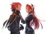  1boy 1girl armor back_cutout bare_back black_gloves breastplate cape closed_eyes crying fire_emblem fire_emblem:_kakusei gloves hairband hand_on_another&#039;s_cheek hand_on_another&#039;s_face hanokage holding jerome_(fire_emblem) long_hair mask mask_removed mother_and_son nintendo profile redhead serge_(fire_emblem) smile tears vambraces white_background 